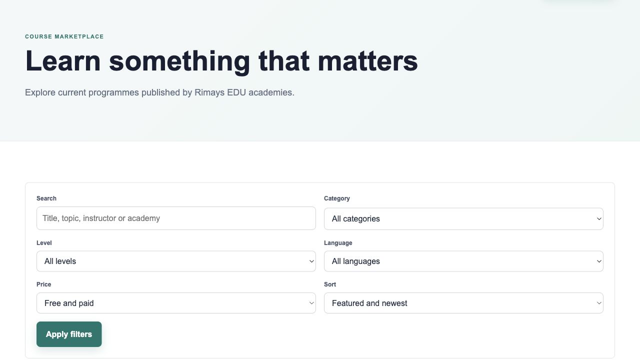 RIMAYS EDU course marketplace showing search, category, level, language, price and sorting controls.