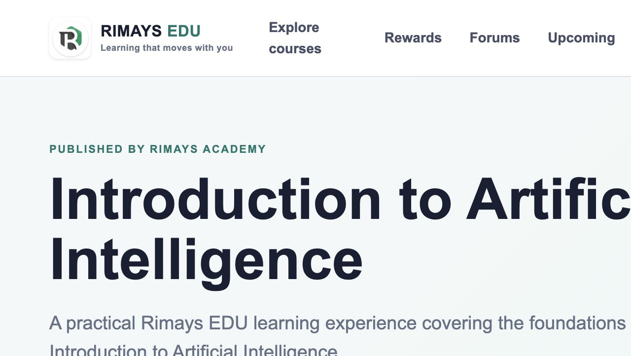 RIMAYS EDU published course page showing the course title, academy and course information.